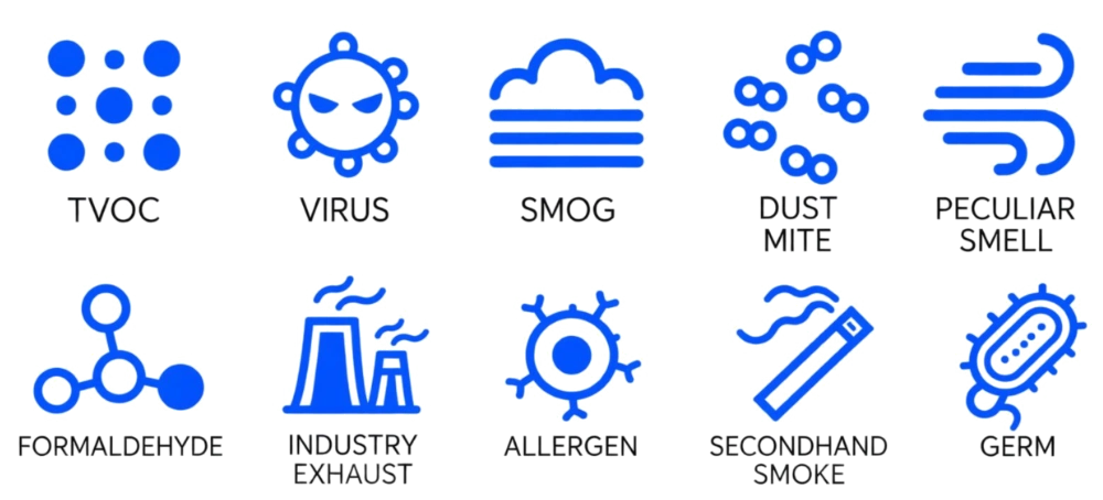 Indoor air pollutants: TVOC, Virus, Smog, Dust Mite, Peculiar Smell, Formaldehyde, Industry Exhaust, Allergen, Secondhand Smoke, Germ